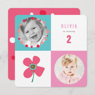 Pink Daisy Pop Squares Girl Birthday Photo Invite