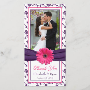 Pink Daisy Purple Floral Ribbon Wedding Thank You Card