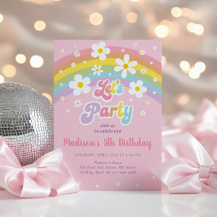 Pink Daisy Rainbow Groovy Birthday Invitation