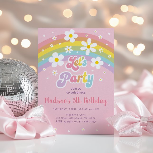 Pink Daisy Rainbow Groovy Birthday Invitation (Creator Uploaded)