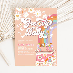 Pink Daisy Rainbow Hippie Groovy Van Baby Shower Invitation