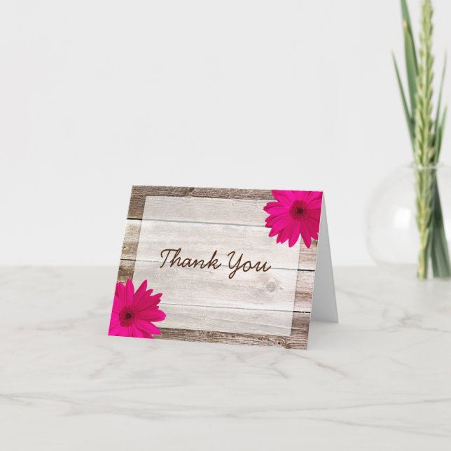 Pink Daisy Rustic Barn Wood Thank You Card (Front)
