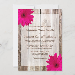 Pink Daisy Rustic Barn Wood Wedding Invitation