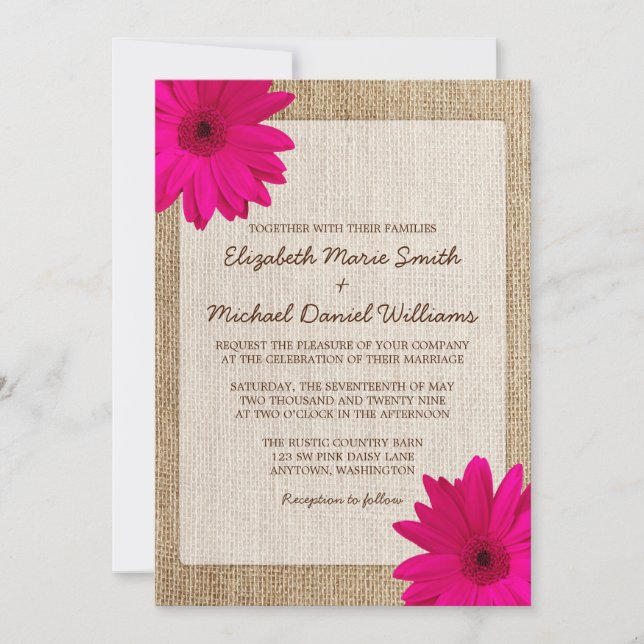 Pink Daisy Rustic Burlap Wedding Invitation (Front)