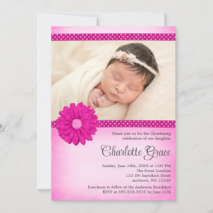 Pink Daisy Sparkle Photo Baptism Christening Invitation