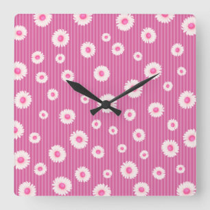 Pink Daisy Stripe Square Wall Clock