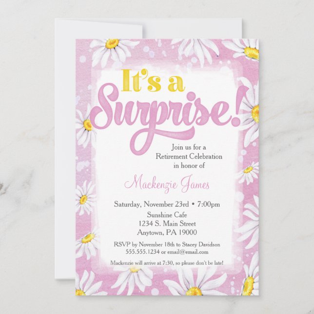 Pink Daisy Surprise Retirement Party Invitation (Front)