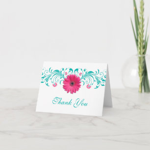 Pink Daisy Turquoise Floral Wedding Thank You Card
