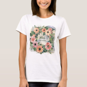 Pink Daisy Watercolor Mr. + Mrs. Just Married T-Shirt