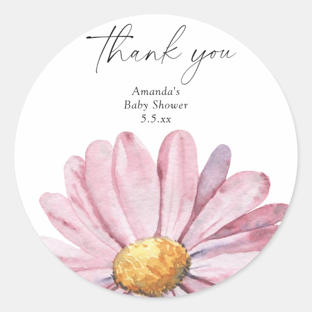 Pink daisy Wildflower - Thank you Classic Round Sticker (Front)