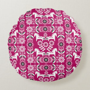 Pink Dala Swedish Horse Print Round Cushion