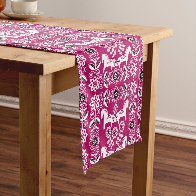 Pink Dala Swedish Horse Print Short Table Runner (In Situ)
