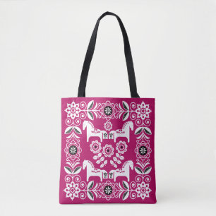 Pink Dala Swedish Horse Print Tote Bag