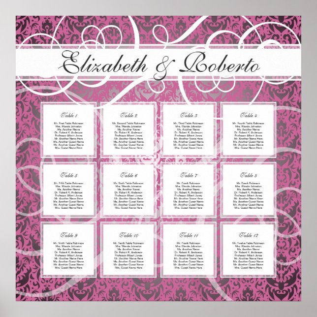 Pink Damask 12 Table Wedding Seating Plan Chart (Front)