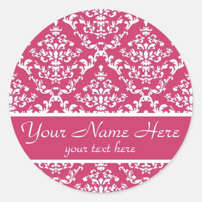 Pink Damask #1 customisable Classic Round Sticker (Front)