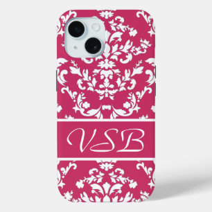 Pink Damask #3 with monogram at VictoriaShaylee iPhone 15 Case