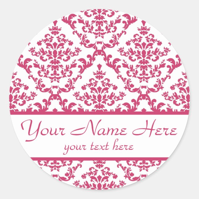 Pink Damask #4 customisable Classic Round Sticker (Front)