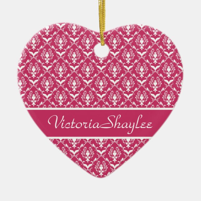 Pink Damask #5 customisable Ceramic Ornament (Front)