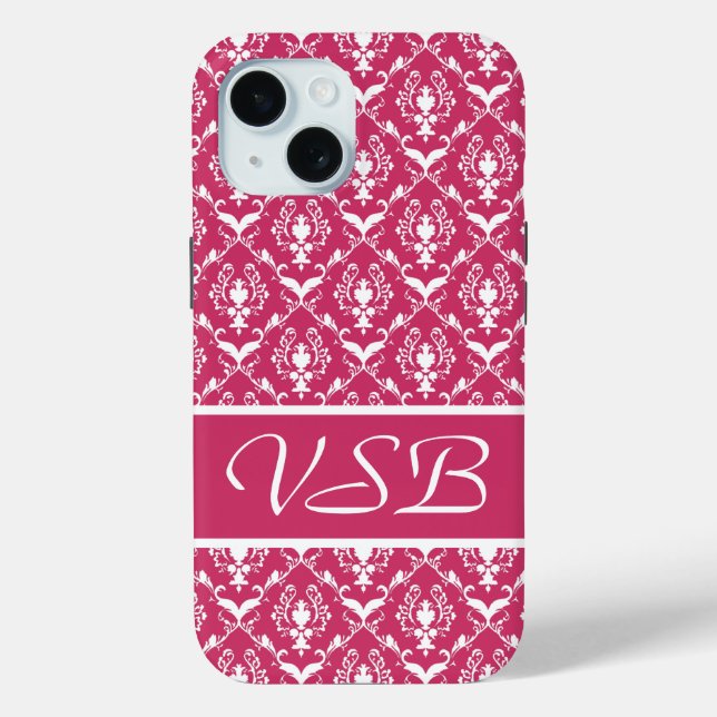 Pink Damask #5 with monogram at VictoriaShaylee Case-Mate iPhone Case (Back)