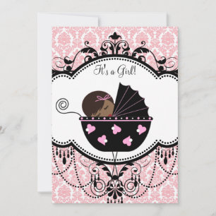 Pink Damask African American Baby Girl Shower Invitation