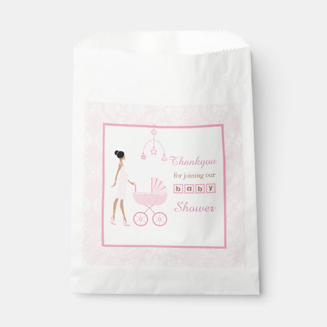 Pink Damask African American Woman Baby Shower Favour Bag (Front)