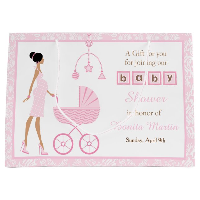 Pink Damask African American Woman Baby Shower Large Gift Bag (Front)