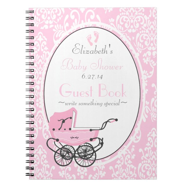 Pink Damask and Carriage Baby Shower Guest Book- Notebook (Front)