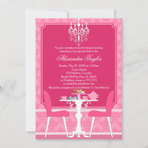 Pink Damask and Chandelier Bridal Tea Party Invitation