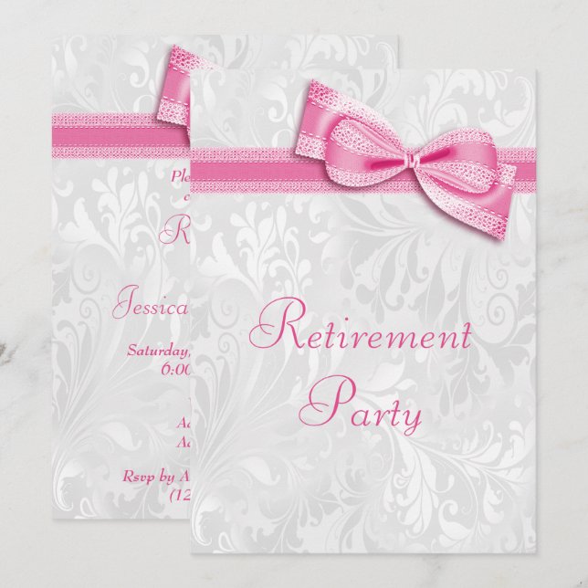 Pink Damask and Faux Bow Retirement Invitation (Front/Back)