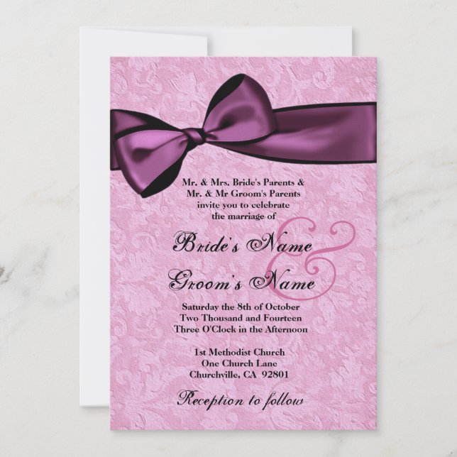 Pink Damask and Magenta Bow Wedding Invitation (Front)