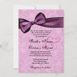 Pink Damask and Magenta Bow Wedding Invitation