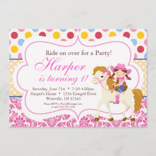 Pink Damask and Polka Dot Cowgirl Birthday Party Invitation
