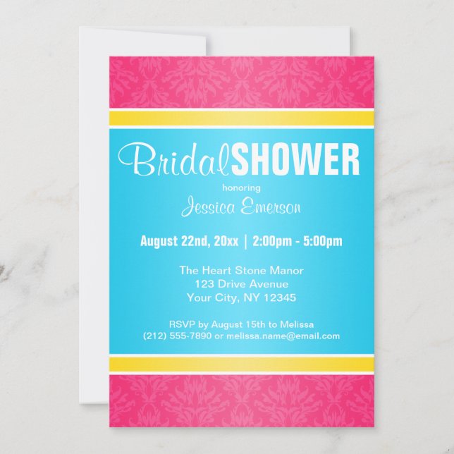 Pink Damask Aqua Yellow Bridal Shower Invitations (Front)