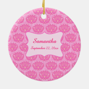 Pink Damask Baby Girl Name Personalised Birth Ceramic Ornament
