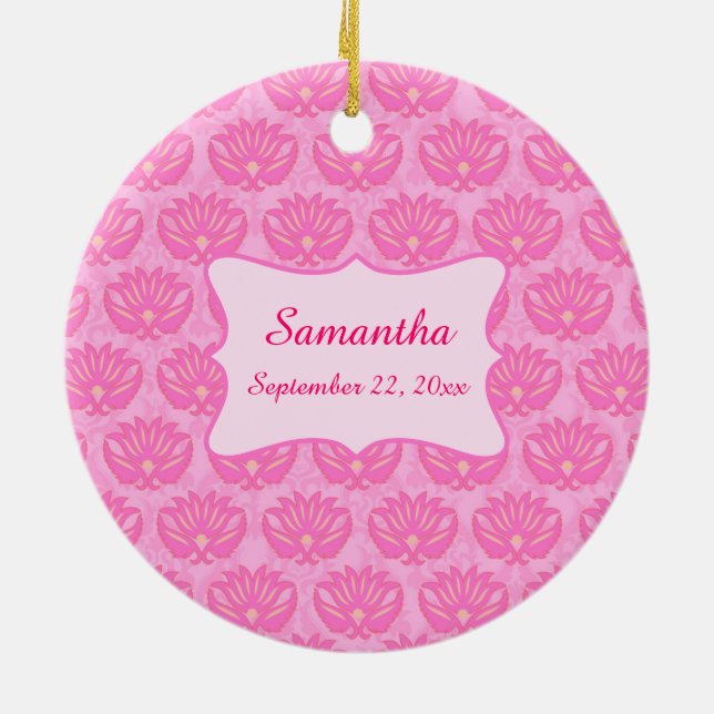 Pink Damask Baby Girl Name Personalised Birth Ceramic Ornament (Back)