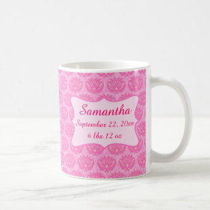 Pink Damask Baby Girl Name Personalised Birth Coffee Mug