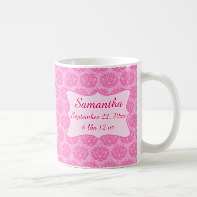 Pink Damask Baby Girl Name Personalised Birth Coffee Mug (Right)