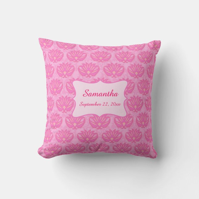 Pink Damask Baby Girl Name Personalised Birth Cushion (Front)