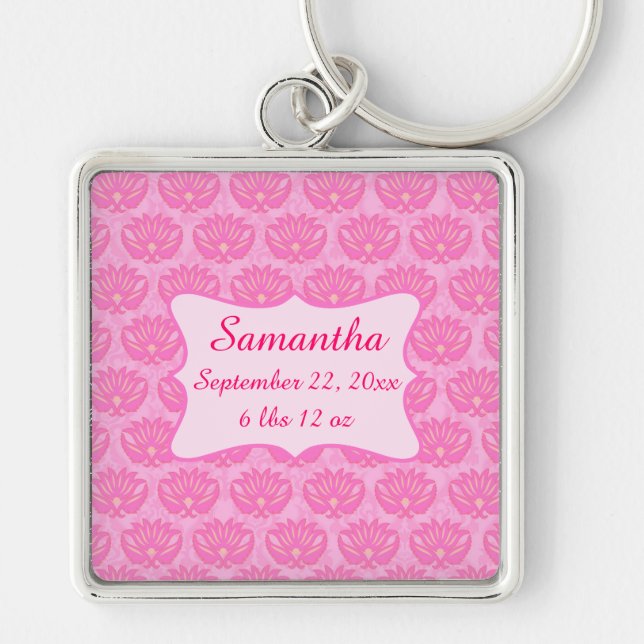 Pink Damask Baby Girl Name Personalised Birth Key Ring (Front)