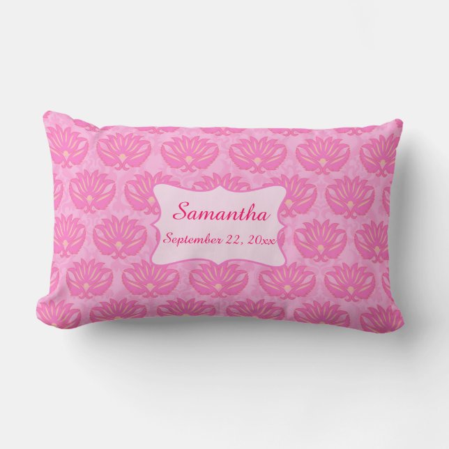 Pink Damask Baby Girl Name Personalised Birth Lumbar Cushion (Front)