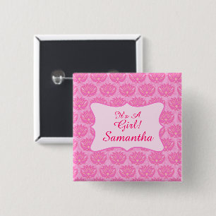 Pink Damask Baby Girl  Personalised Name Badge