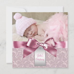 Pink Damask Baby Girl Photo Christening Invitation