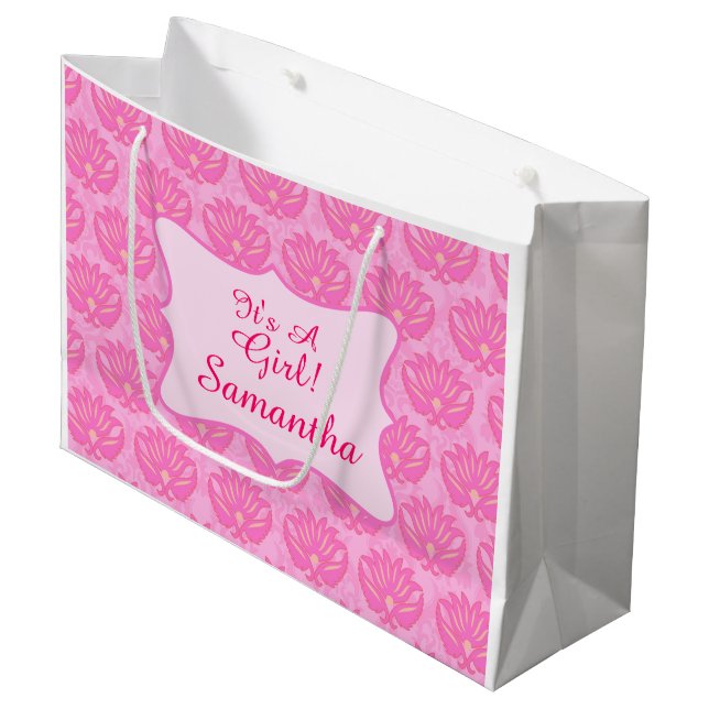 Pink Damask Baby Its a Girl Name Personalised Large Gift Bag (Front Angled)