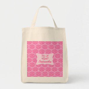 Pink Damask Baby Its a Girl Name Personalised Tote Bag