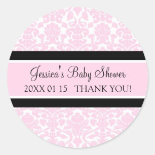 Pink Damask Baby Shower Favour Stickers