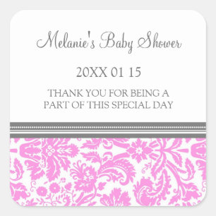 Pink Damask Baby Shower Favour Stickers