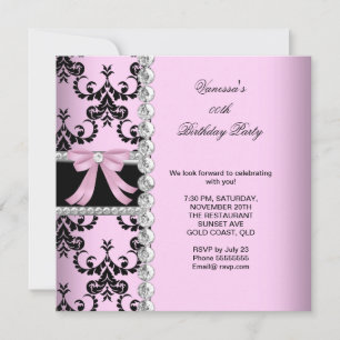 Pink Damask Black Jewel Bow Birthday Party Invitation