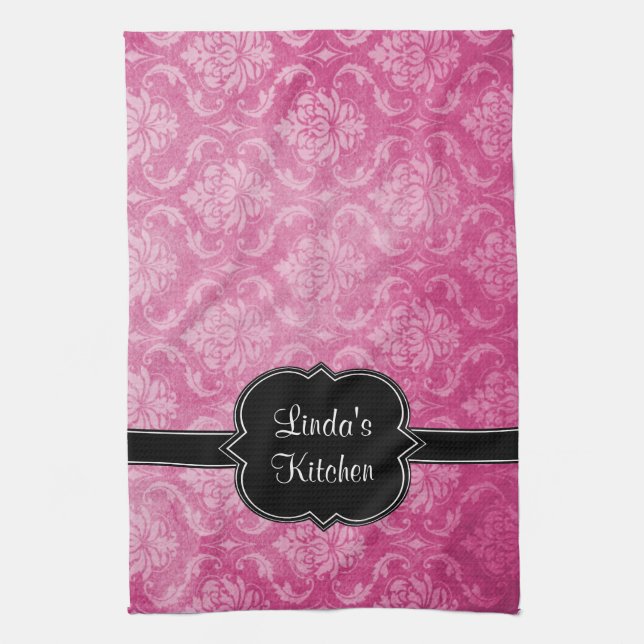 Pink Damask Black Personalised Kitchen Towel (Vertical)