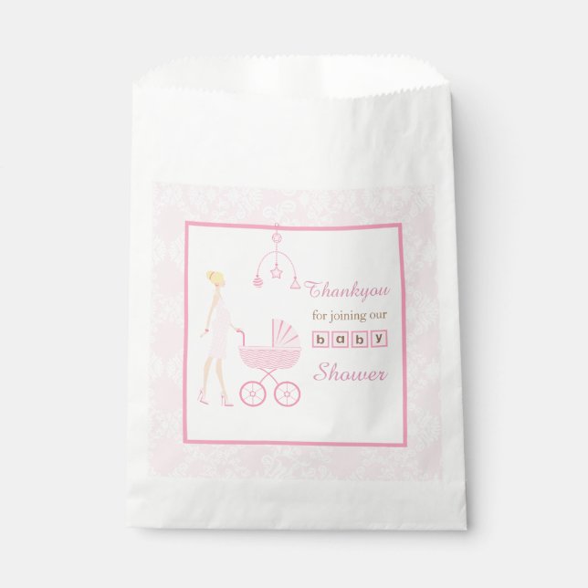 Pink Damask Blonde Woman Baby Shower Favour Bag (Front)