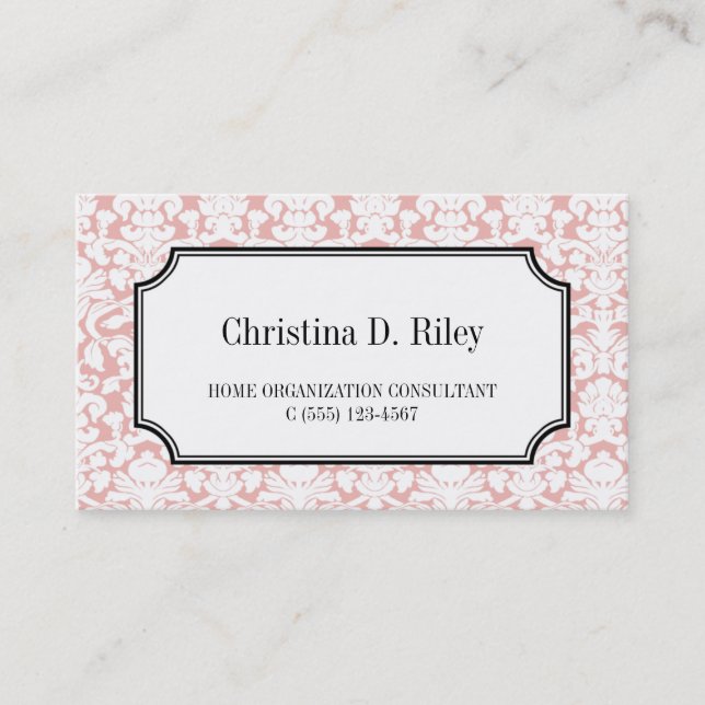 Pink damask border frame consultant professional business card (Front)